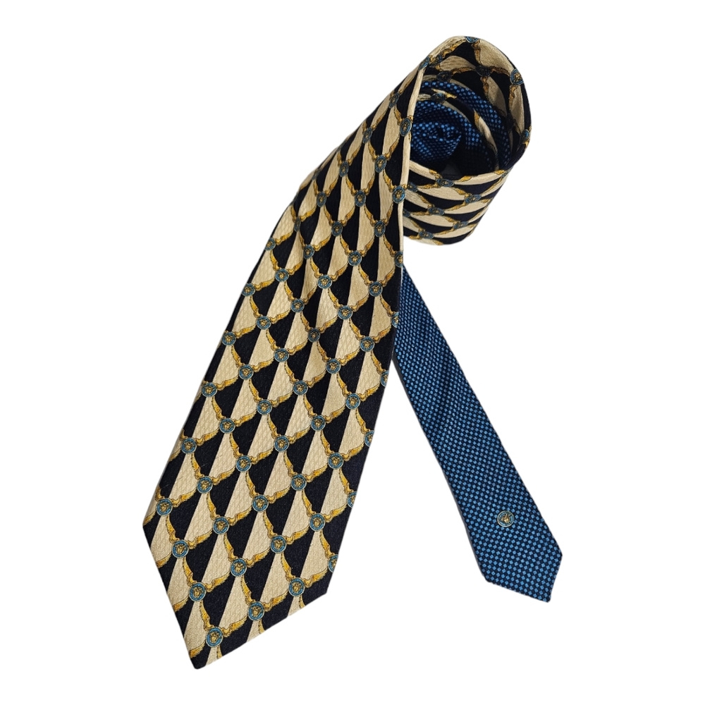 GIANNI VERSACE Beige/Navy Geometric Monogrammed Medusa Silk LUXURY Tie ITALY
